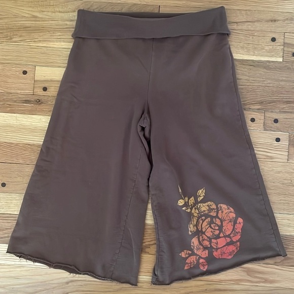 Wide Leg Crop Pants Terry Knit Brown Orange Flower Women M Pull-On Style - Picture 1 of 5